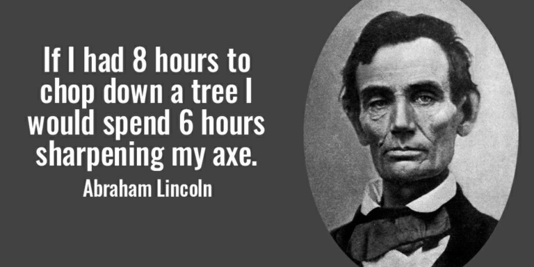 Abraham Lincoln quote If I had 8 hours to chop down a tree I would spend 6 hours sharpening my axe.